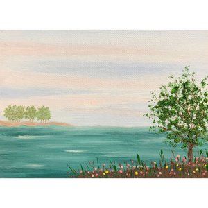 Peaceful, Original Acrylic Painting, 5 x 7, Lake, Trees, and Flowers, Artist Sig
